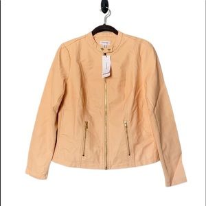 Calvin Klein Jacket Leather Pink Orange Gold Collarless Long Sleeve Coat White